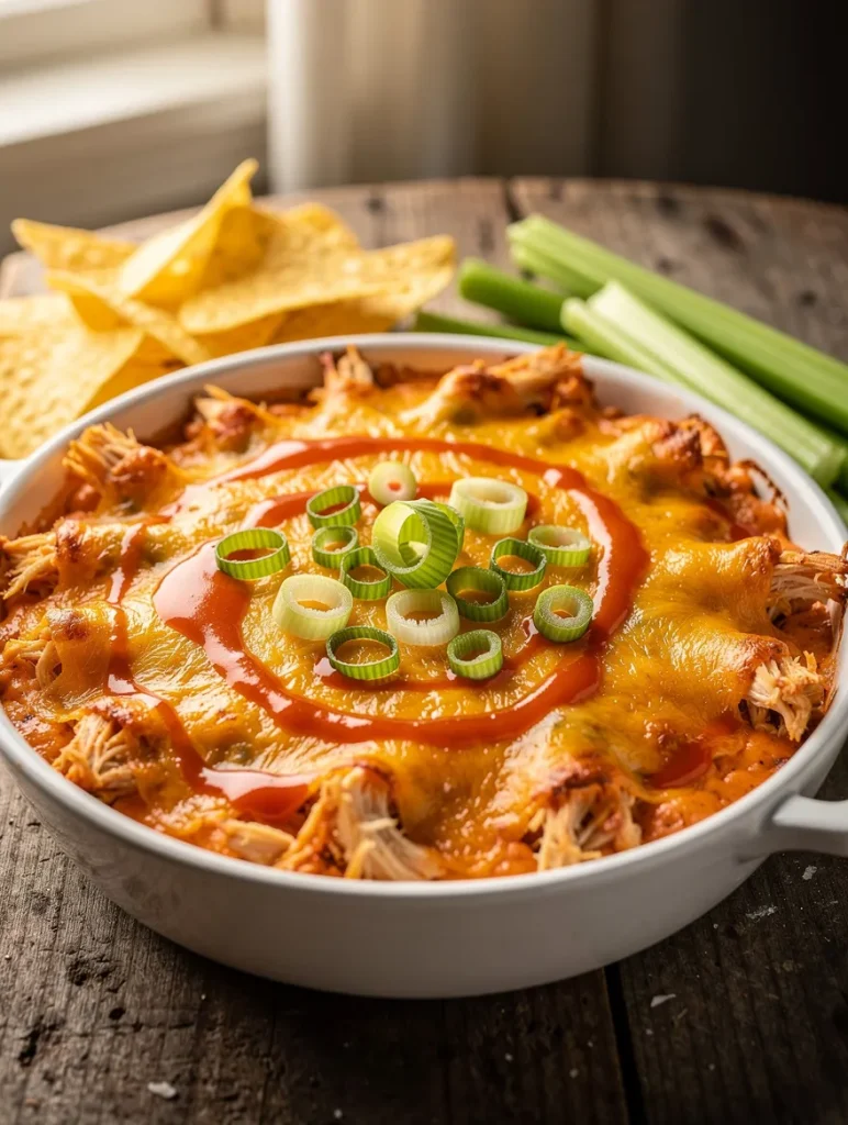 Creamy Frank’s Buffalo chicken dip topped with melted cheese, buffalo sauce, and green onions