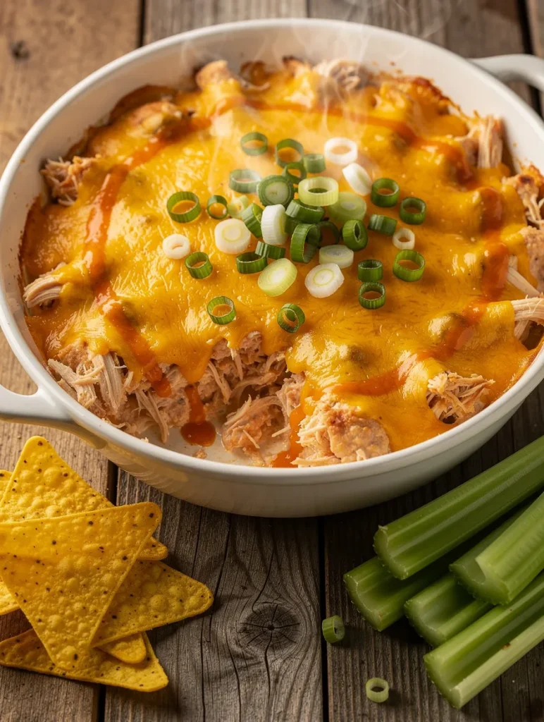 Hot Frank’s Buffalo chicken dip with melted cheddar cheese, green onions, tortilla chips, and celery sticks