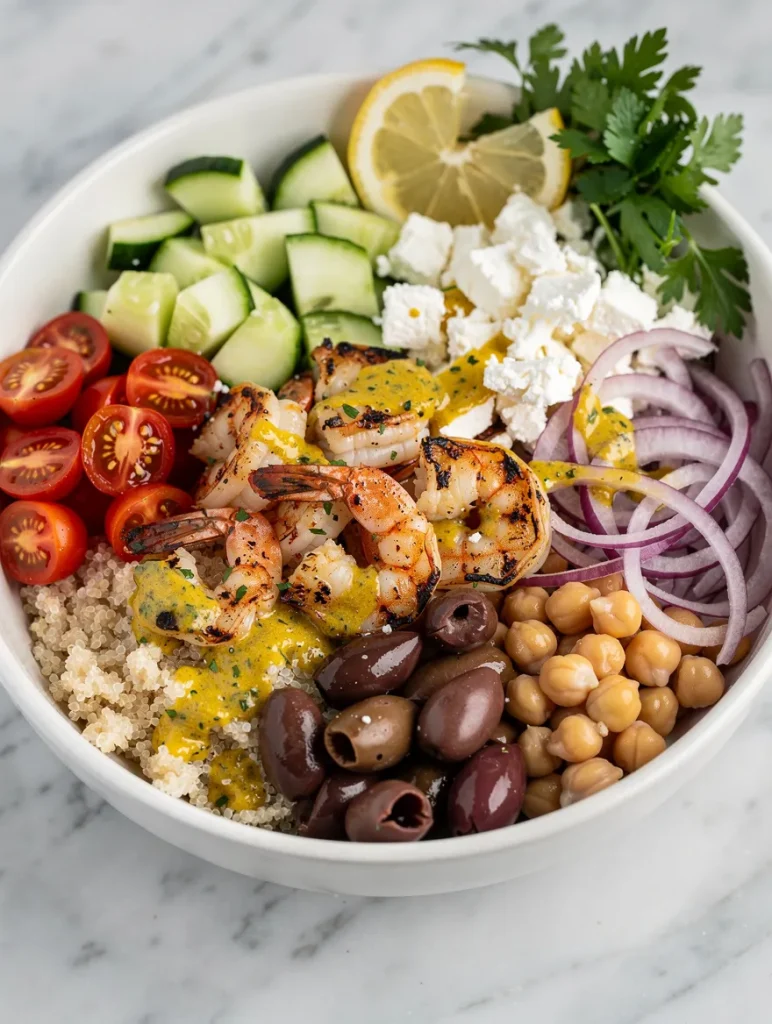 Greek shrimp Mediterranean bowl with quinoa, grilled shrimp, feta cheese, olives, cucumbers, chickpeas, and fresh vegetables.