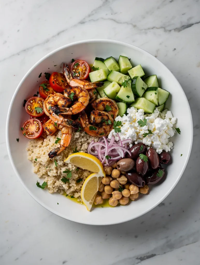 Greek shrimp Mediterranean bowl with quinoa, cucumbers, feta cheese, olives, chickpeas, tomatoes, and grilled shrimp.