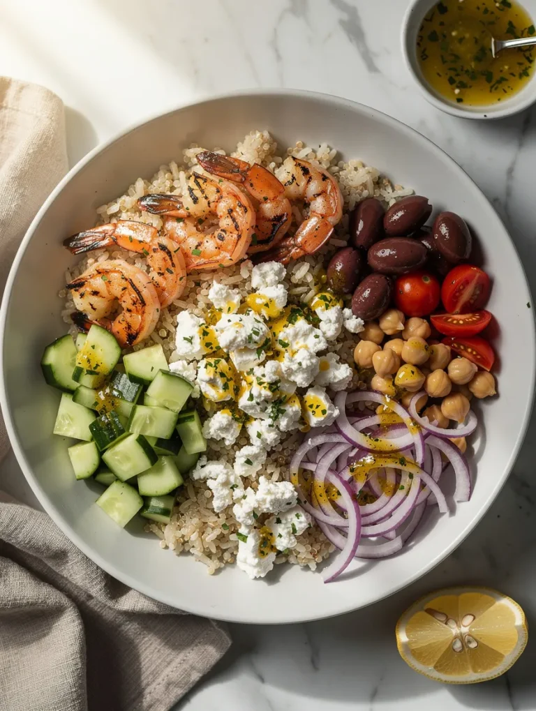 Greek shrimp Mediterranean bowl with quinoa, feta cheese, cucumbers, olives, chickpeas, and grilled shrimp.