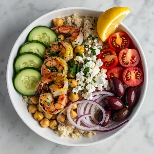 Greek shrimp Mediterranean bowl with quinoa, cucumbers, cherry tomatoes, feta cheese, olives, chickpeas, and lemon.