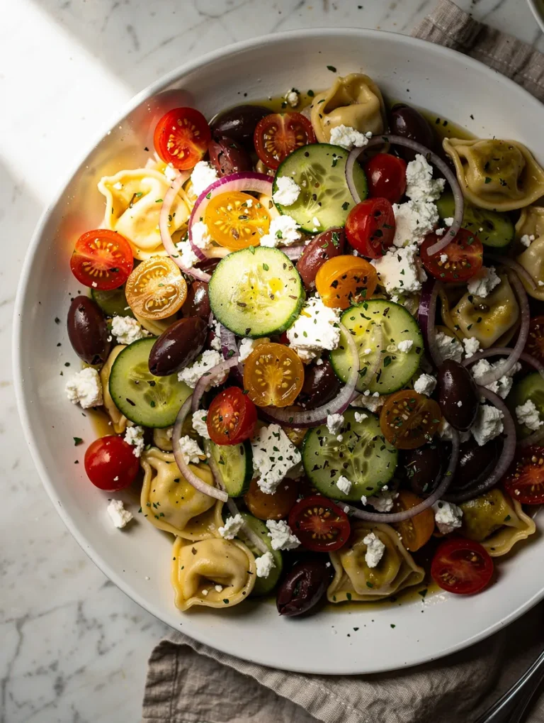 Greek tortellini salad with cucumbers, olives, feta, tomatoes, and red onion