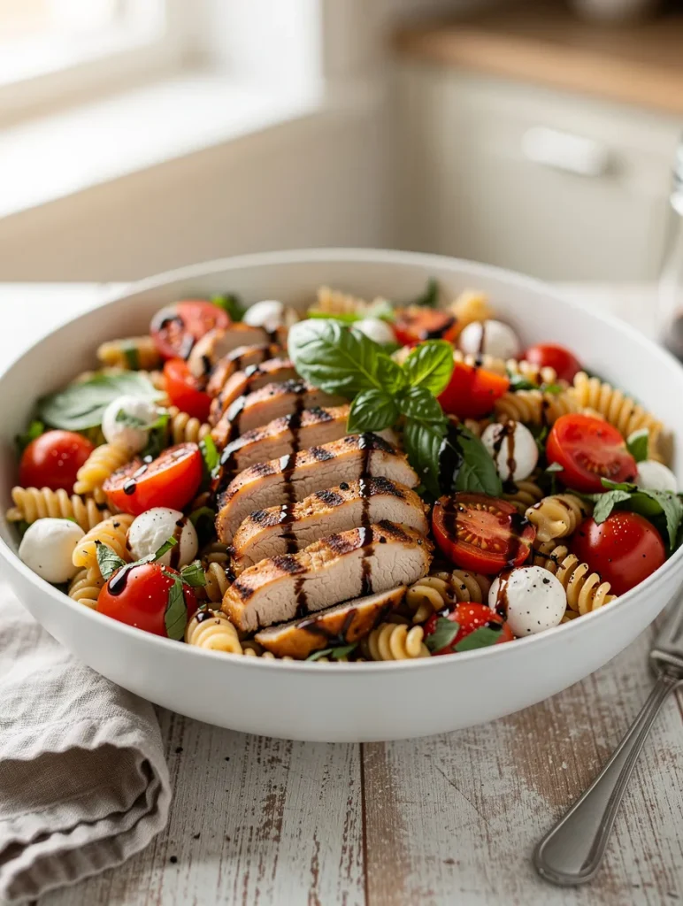 Grilled chicken caprese pasta salad with rotini, mozzarella, tomatoes, basil, and balsamic glaze