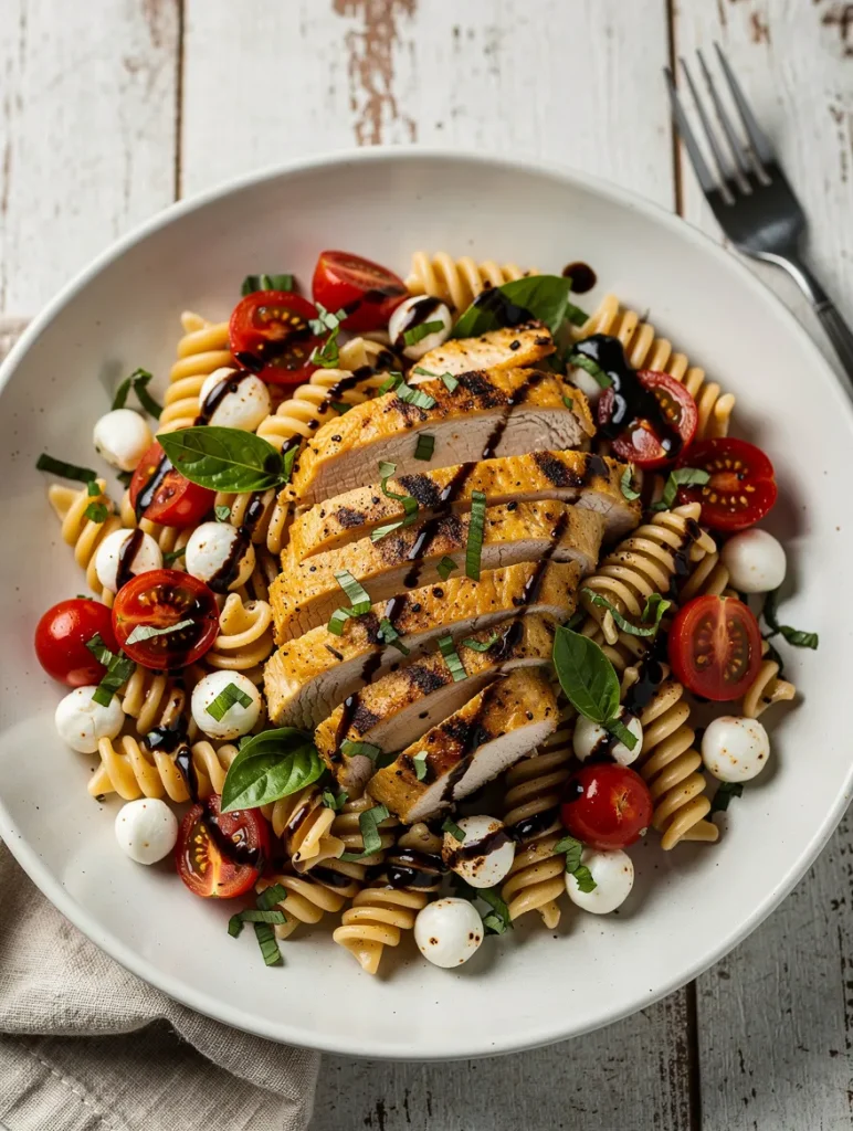 Grilled chicken caprese pasta salad with cherry tomatoes, mozzarella pearls, basil, and balsamic glaze