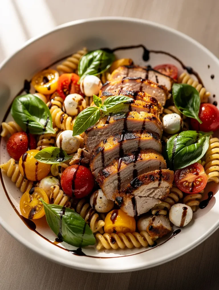 Grilled chicken caprese pasta salad with cherry tomatoes, mozzarella, basil, and balsamic glaze