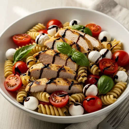 Grilled chicken caprese pasta salad with rotini pasta, mozzarella balls, cherry tomatoes, basil, and balsamic glaze