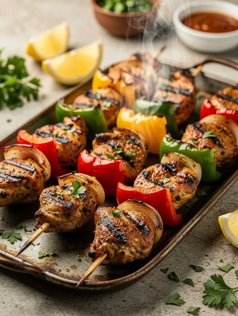 Grilled chicken skewers with bell peppers, onions, and lemon on a tray