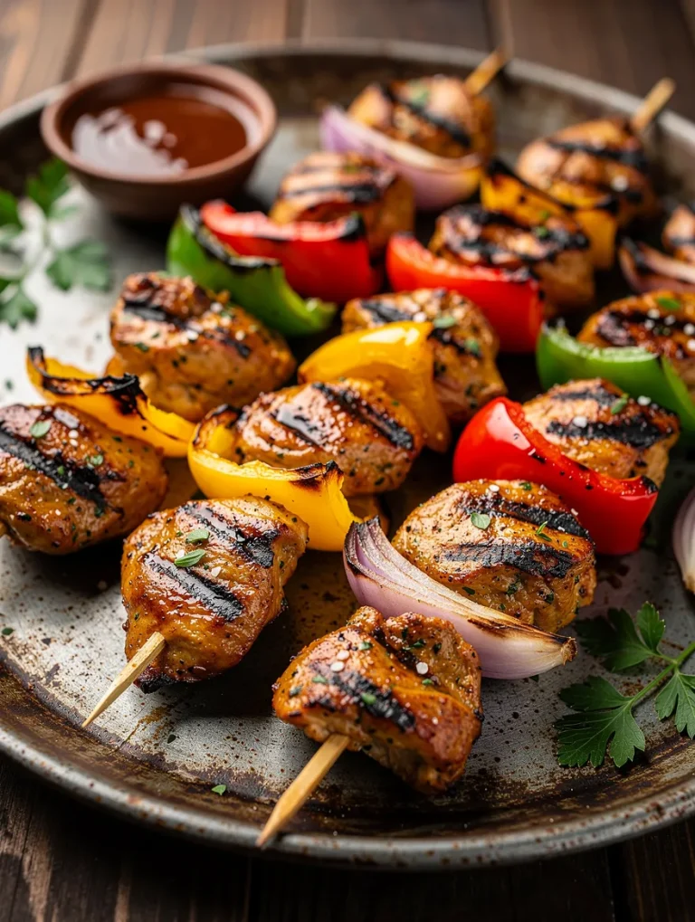 Grilled chicken skewers with bell peppers and onions on a platter
