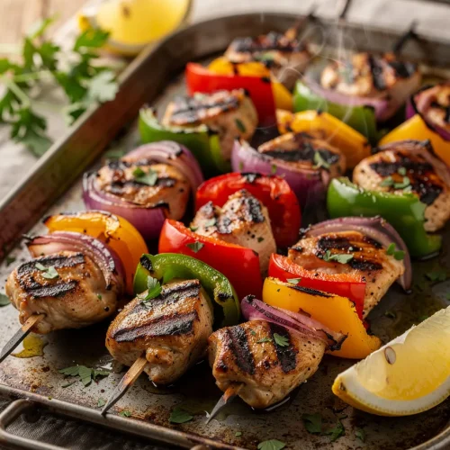 Grilled chicken skewers with bell peppers, onions, and lemon wedges on a tray