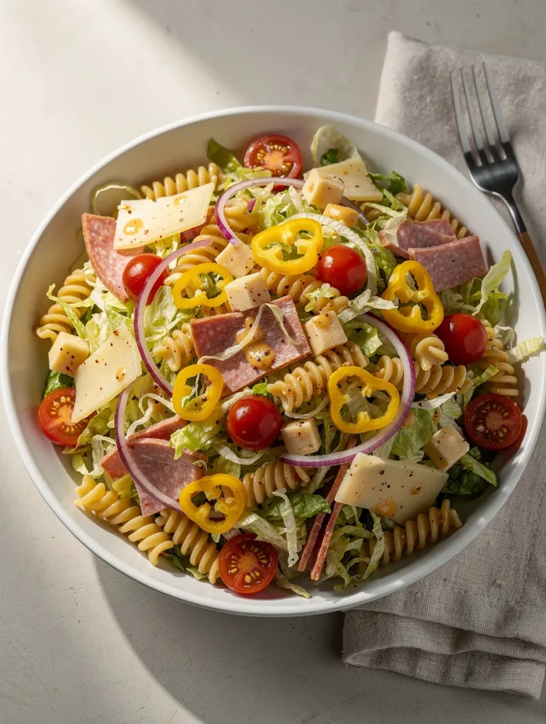 Grinder pasta salad with rotini, salami, cheese, and pepper rings
