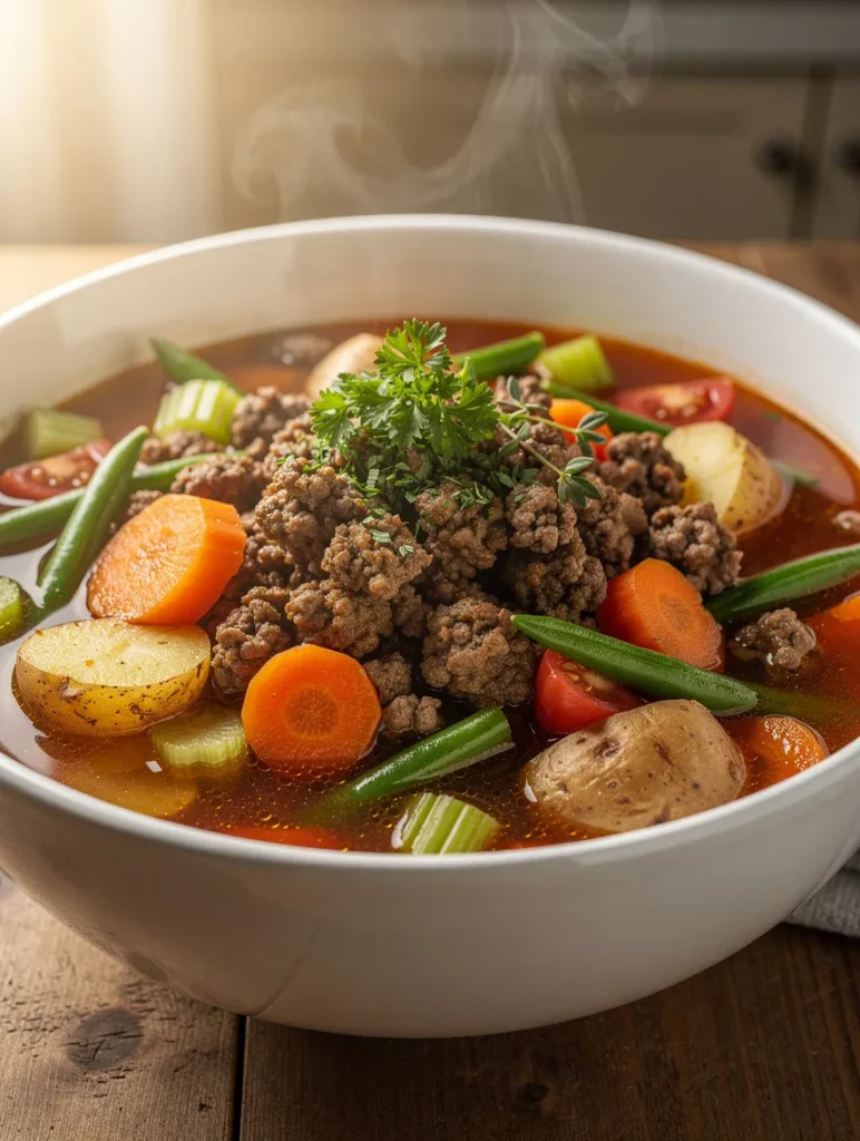 Homemade ground beef vegetable soup with potatoes, carrots, celery, and green beans