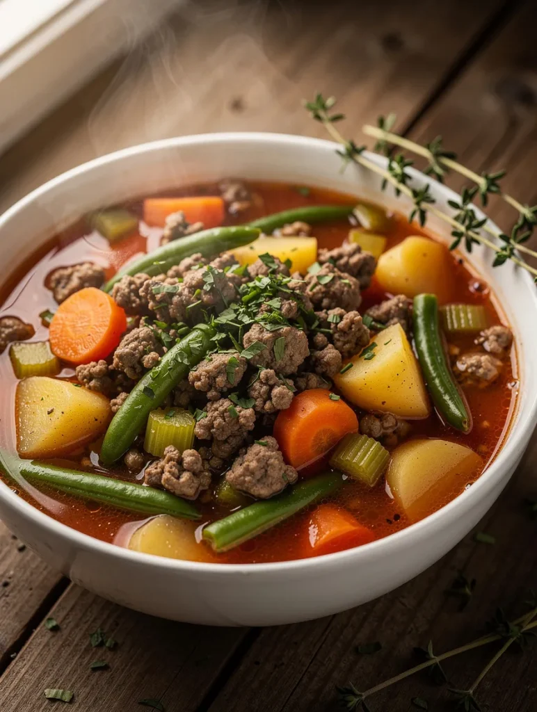 Ground beef vegetable soup with carrots, potatoes, celery, and green beans in tomato broth