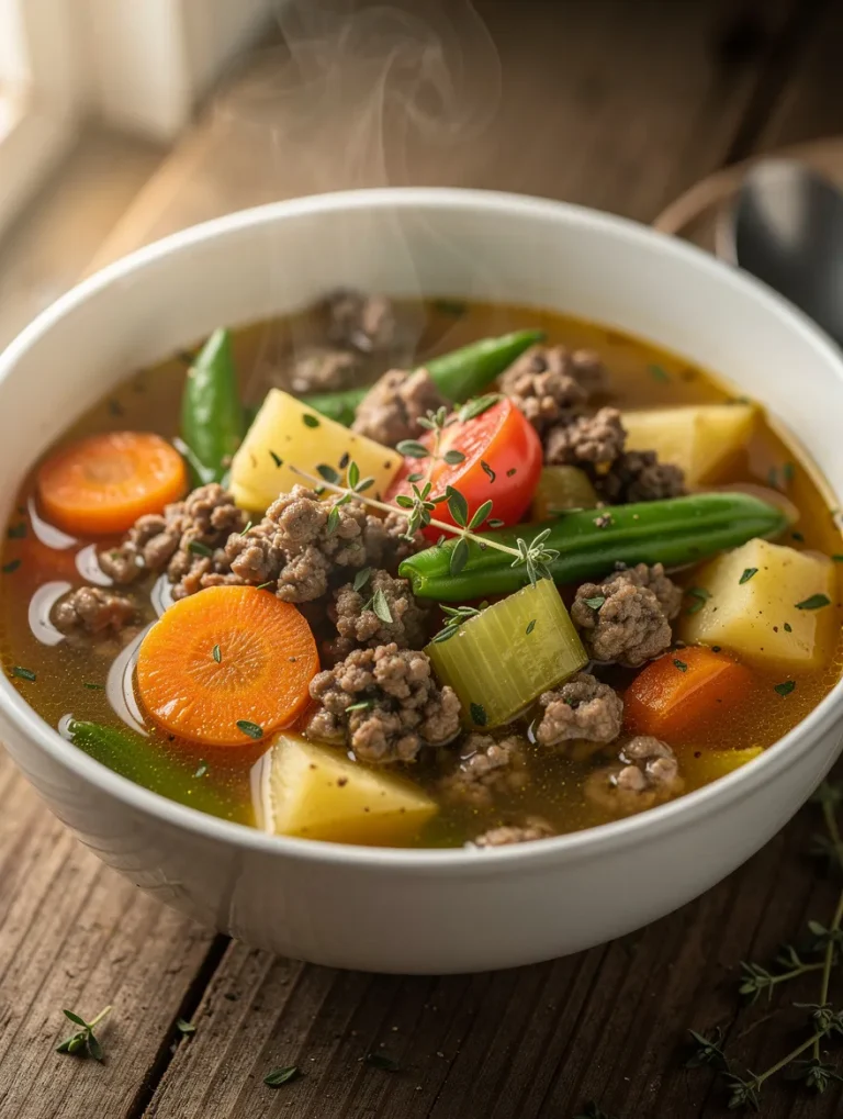 Ground beef vegetable soup with carrots, potatoes, celery, and green beans in a white bowl