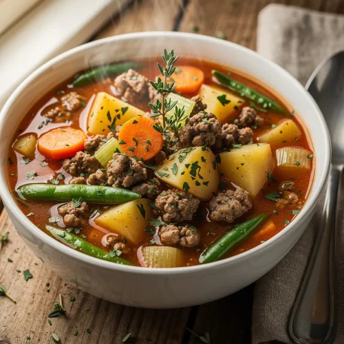 Steaming ground beef vegetable soup with potatoes, carrots, celery, and herbs