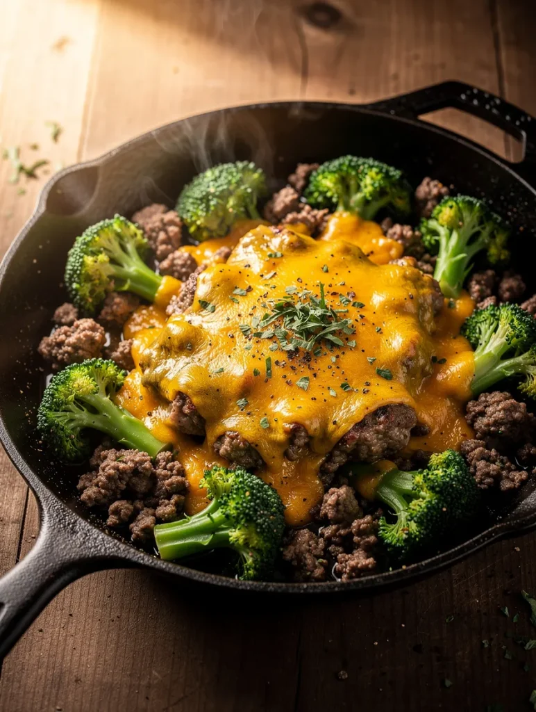 Hamburger broccoli skillet with melted cheddar cheese in a cast iron pan