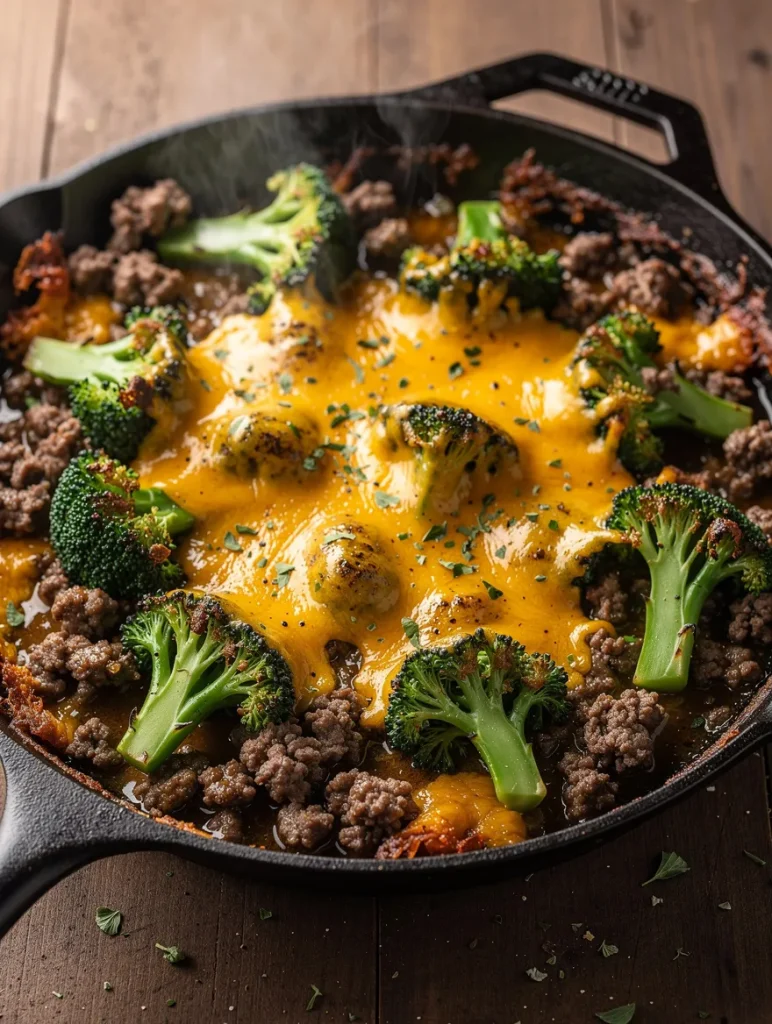 Cheesy hamburger broccoli skillet with ground beef and roasted broccoli florets