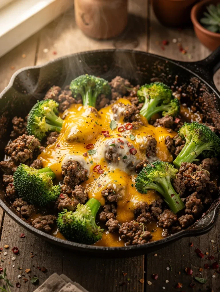 Cheesy hamburger broccoli skillet with ground beef and melted cheddar cheese