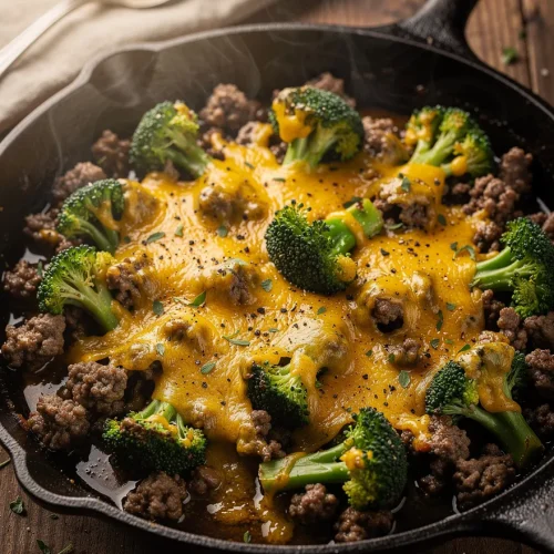 Hamburger broccoli skillet recipe with melted cheddar cheese and ground beef