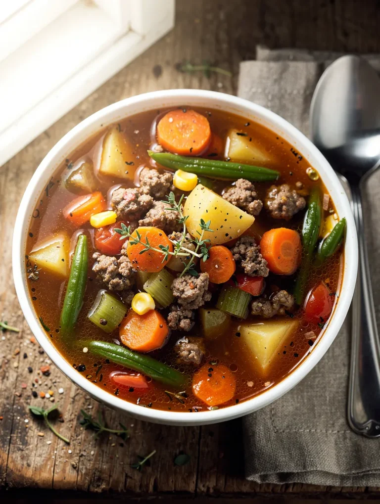 Hamburger vegetable soup with ground beef, carrots, potatoes, green beans, and celery