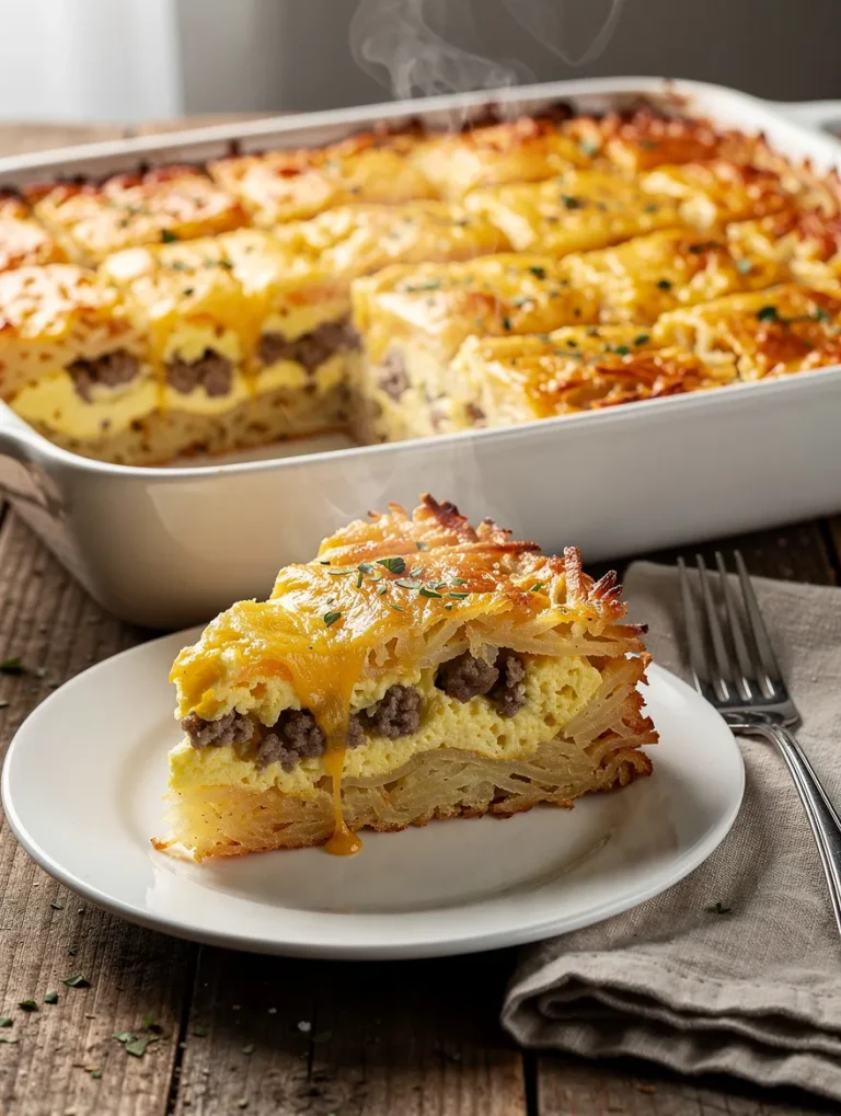 Hashbrown breakfast casserole with sausage, eggs, and melted cheese served on a white plate beside a baking dish.