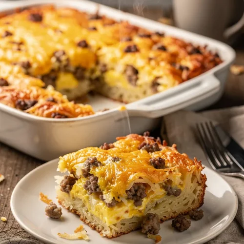 Hashbrown breakfast casserole with sausage, eggs, and melted cheddar cheese served on a white plate beside a baking dish.