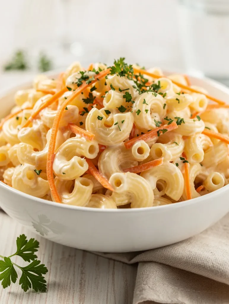 Creamy Hawaiian macaroni salad with carrots and herbs in a white bowl
