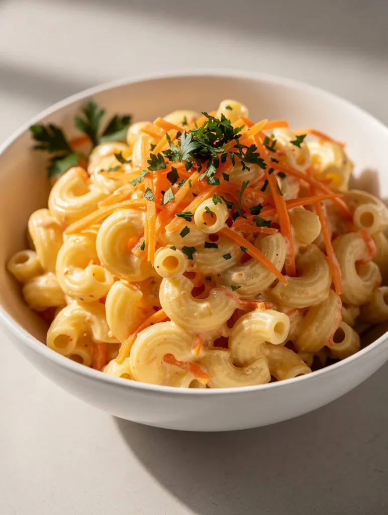 Hawaiian macaroni salad with creamy dressing, carrots, and parsley in a bowl