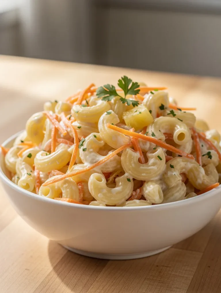 Hawaiian macaroni salad with creamy dressing, carrots, and pineapple in a bowl