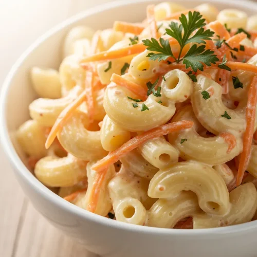 Creamy Hawaiian macaroni salad with carrots and parsley in a white bowl