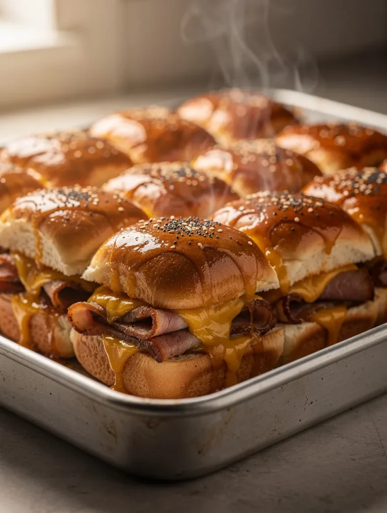 Hot Hawaiian roll sliders with ham and melted cheese in a baking tray