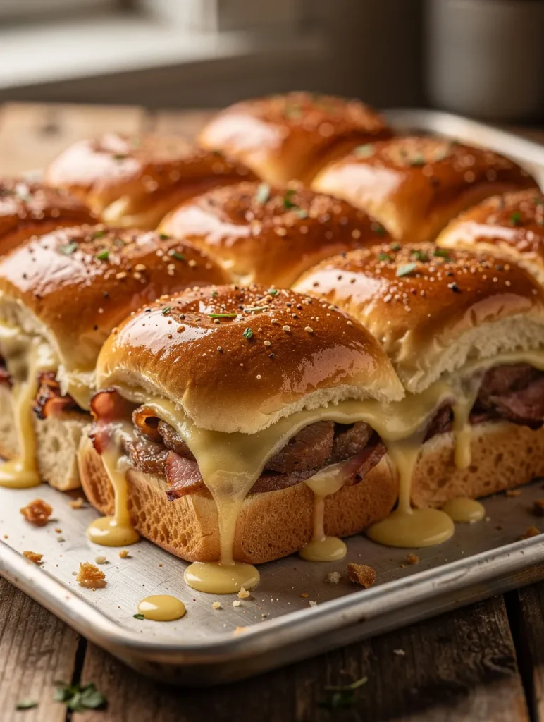 Hawaiian roll sliders with roast beef and melted cheese dripping over soft buns