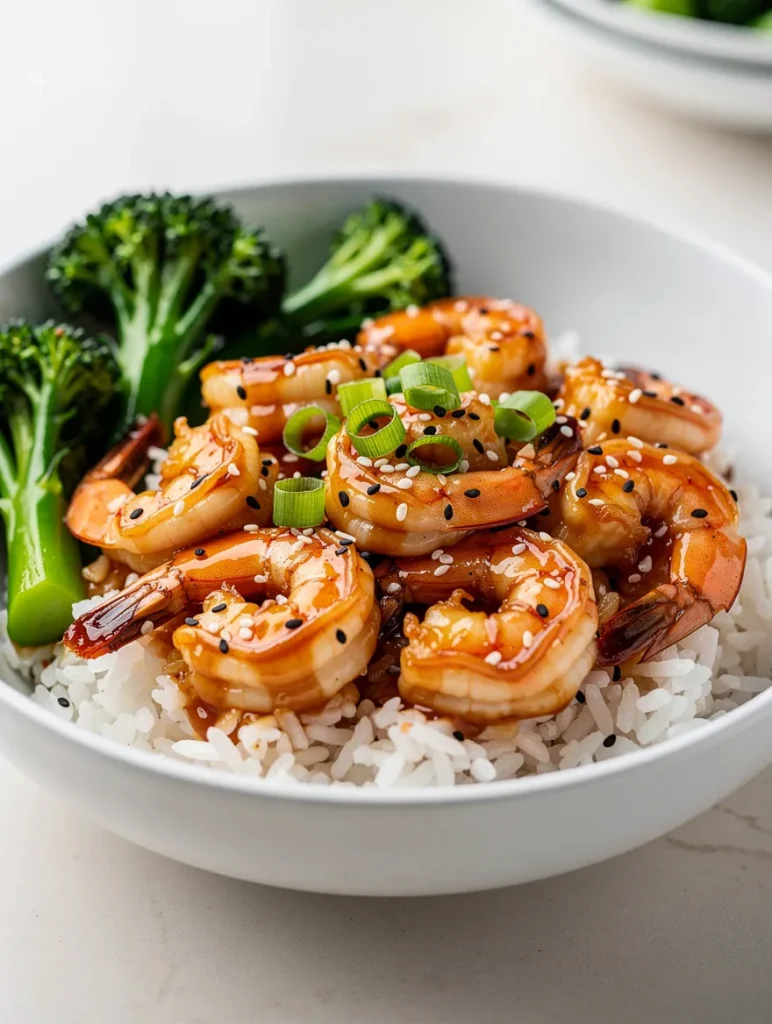 High-protein honey garlic shrimp served over white rice with broccoli, sesame seeds, and green onions.