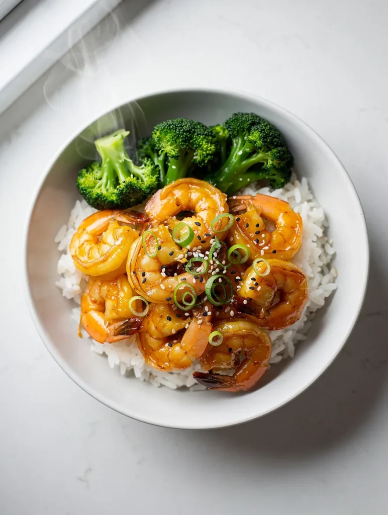 High-protein honey garlic shrimp bowl with white rice, steamed broccoli, sesame seeds, and green onions.