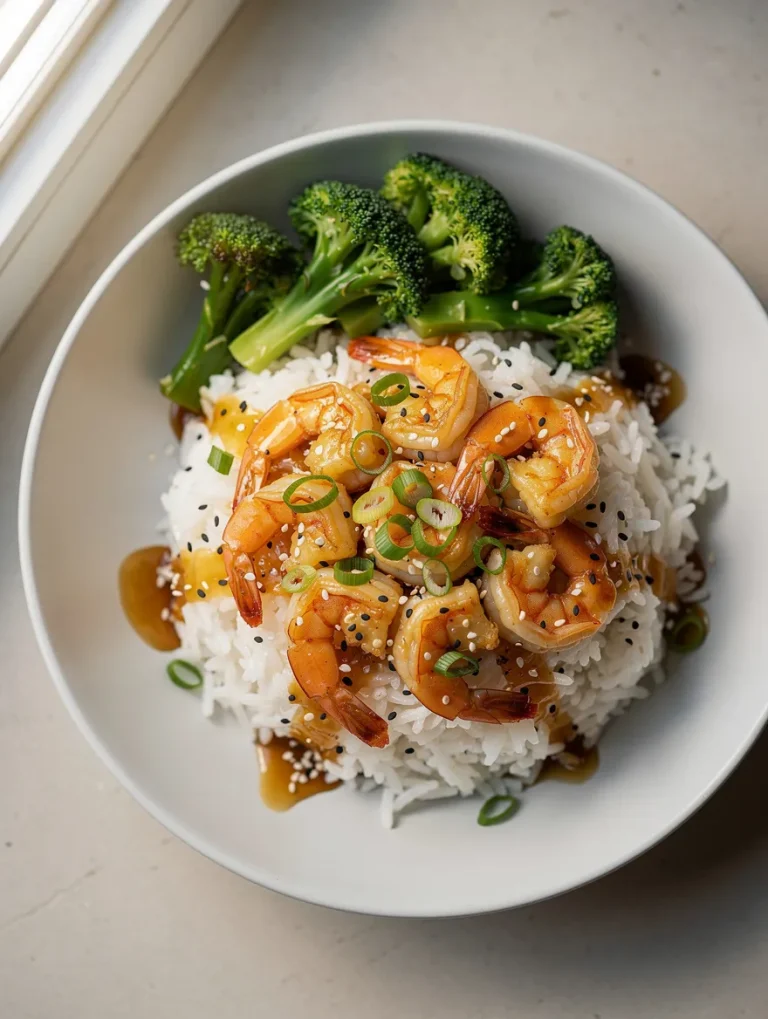 High-protein honey garlic shrimp bowl with white rice, broccoli, sesame seeds, and green onions.