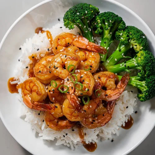 High-protein honey garlic shrimp bowl with white rice, broccoli, sesame seeds, and green onions.