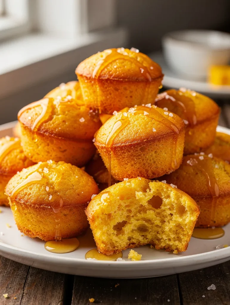 Honey butter cornbread poppers drizzled with honey and topped with flaky sea salt on a white plate.