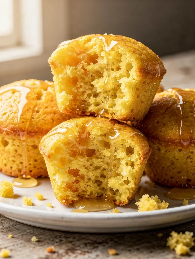 Close-up of honey butter cornbread poppers drizzled with honey, showing a soft and fluffy interior.