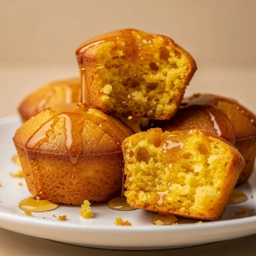 Honey butter cornbread poppers on a white plate, drizzled with honey and split open to reveal a soft, moist center.