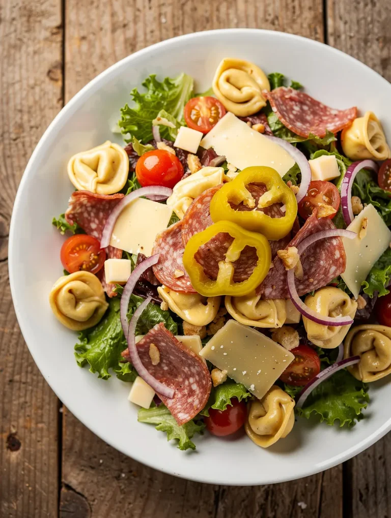 Italian grinder tortellini salad with salami, pepperoncini, cheese, lettuce, and cherry tomatoes