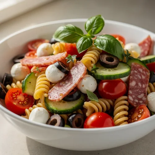 Italian pasta salad with rotini, salami, mozzarella, cucumbers, olives, and cherry tomatoes