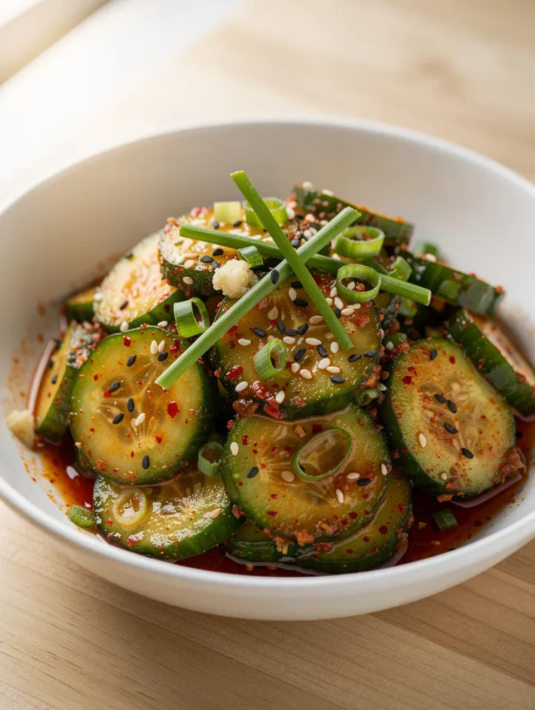 Spicy Korean cucumber salad with sesame seeds and green onions in a bowl