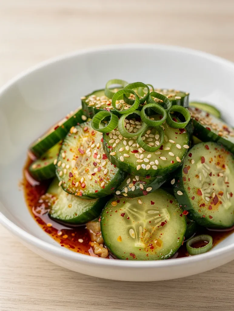 Korean cucumber salad with sesame seeds, chili flakes, and green onion curls