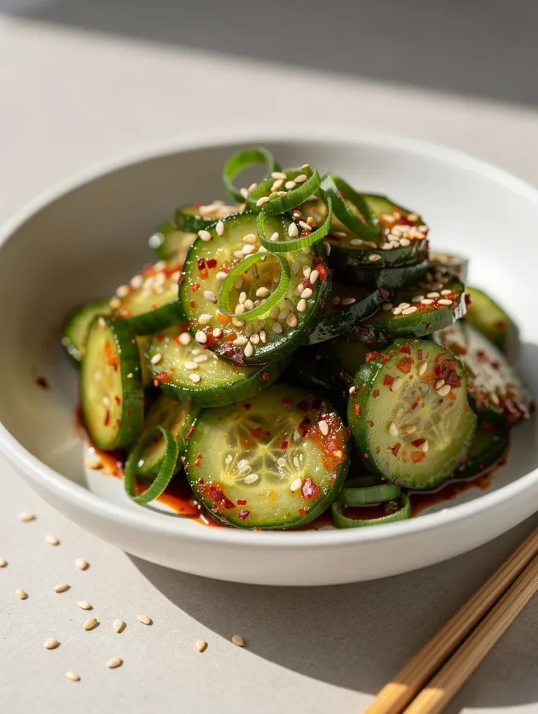 Korean cucumber salad with sesame seeds, chili flakes, and green onions
