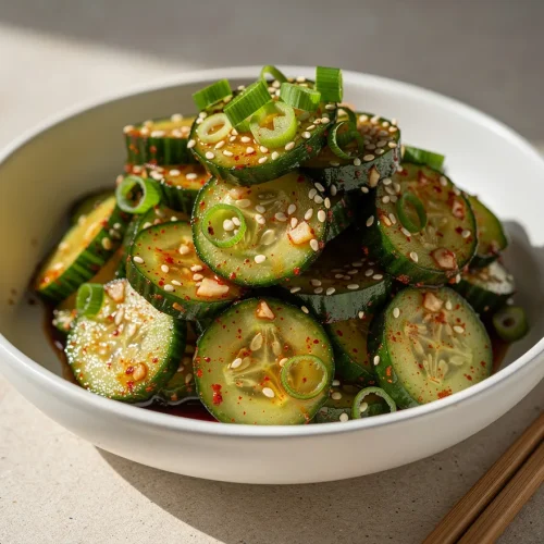 Korean cucumber salad with sesame seeds, chili flakes, and sliced green onions