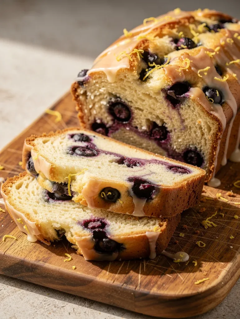 Sliced lemon blueberry bread with glaze and lemon zest on wooden cutting board