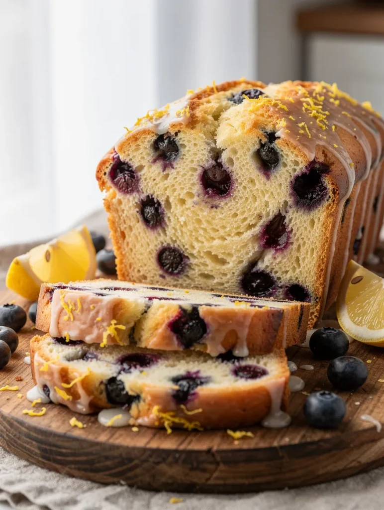 Lemon blueberry loaf with glaze, sliced and served with fresh blueberries and lemon wedges