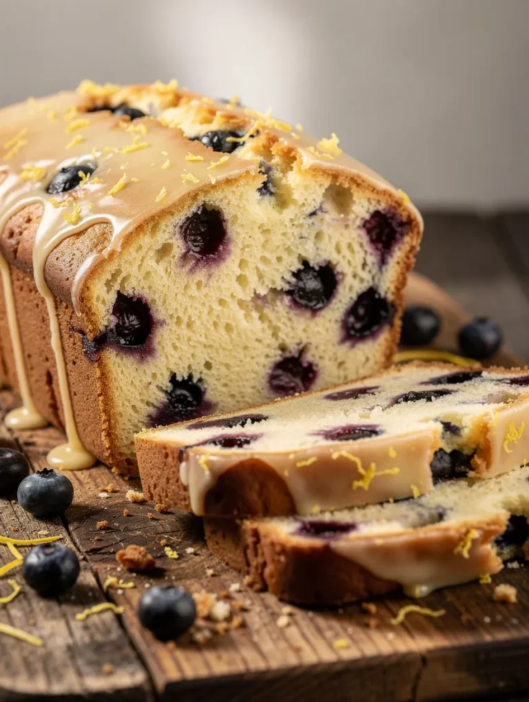 Lemon blueberry bread loaf with glaze and fresh blueberries on wooden board