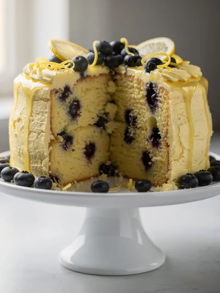 Lemon blueberry cake with buttercream frosting, sliced and topped with fresh blueberries and lemon slices