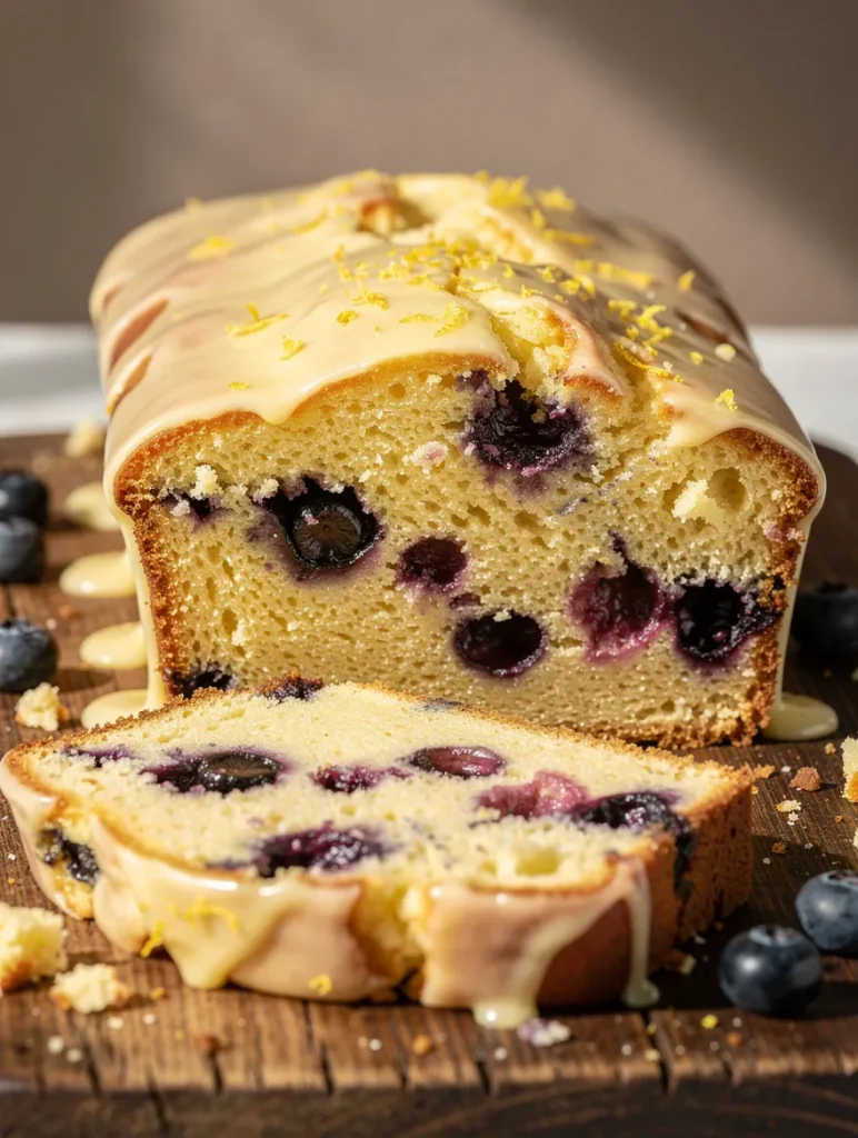 Lemon blueberry pound cake with glaze and fresh blueberries, sliced on a wooden board